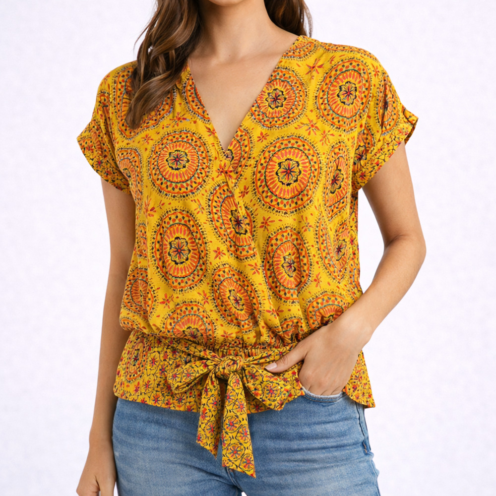 Anthropologie Maeve Marzia Wrap Blouse Small Yellow Medallion Boho Top
